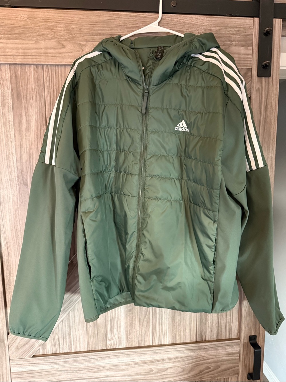 adidas Olive Green Men’s Hooded Performance Jacket with White Stripes